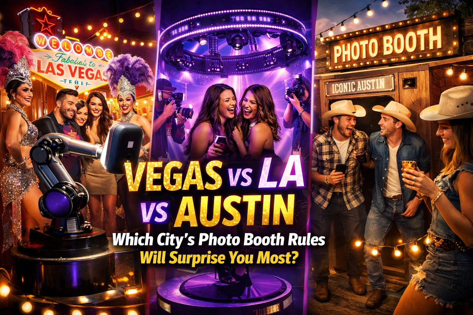 Multi-city comparison of photo booth activations in Las Vegas, Los Angeles, and Austin.