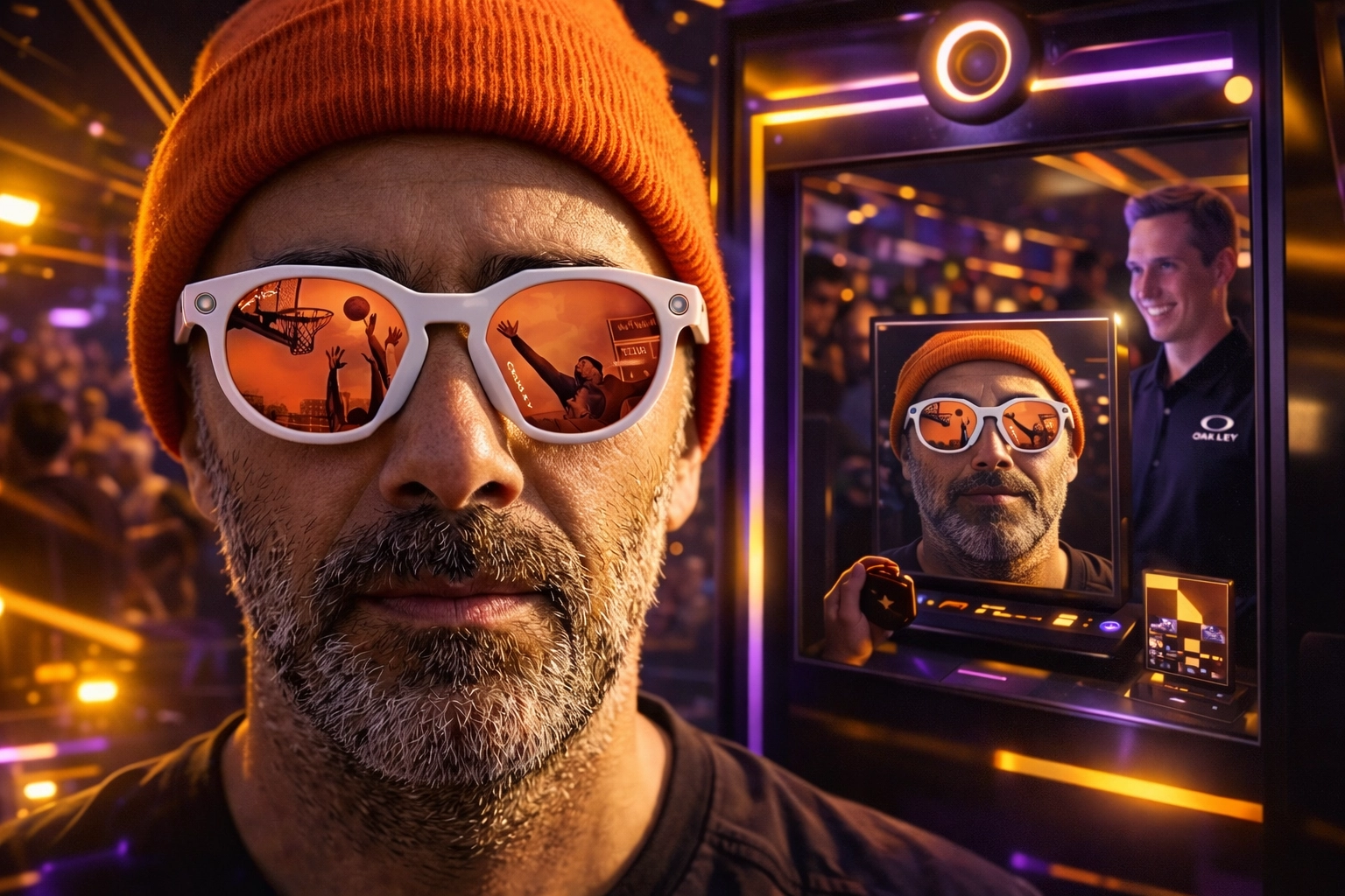 AI photo booth transformation showing a basketball game reflected in orange-tinted Oakley sunglasses, a perfect example of high-energy brand activations.